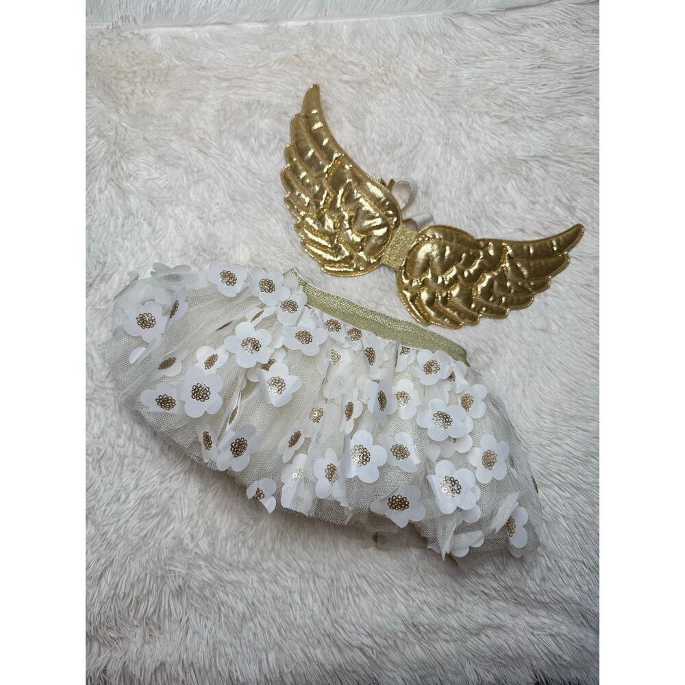 Baby Angel Outfit Gold Wings & Floral Tutu Skirt 0-12M – First Steps